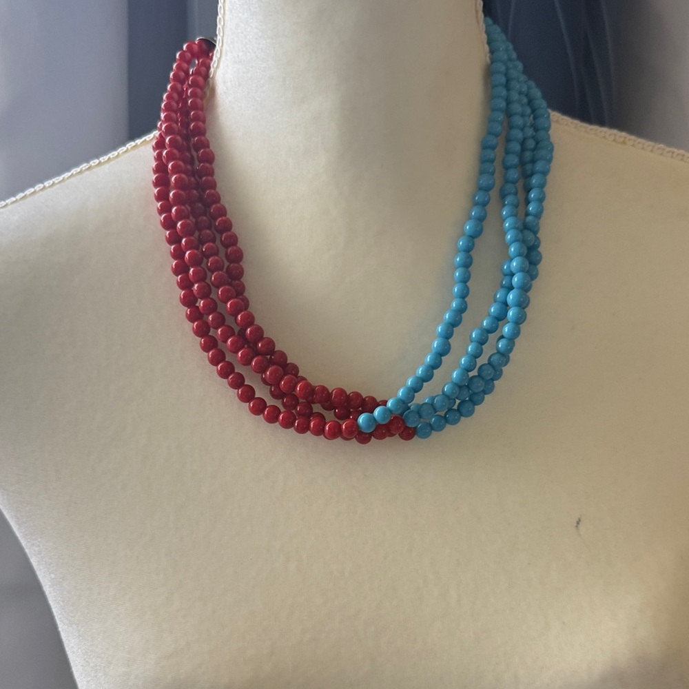 Red and Turquoise Beaded Multi-Strand Necklace